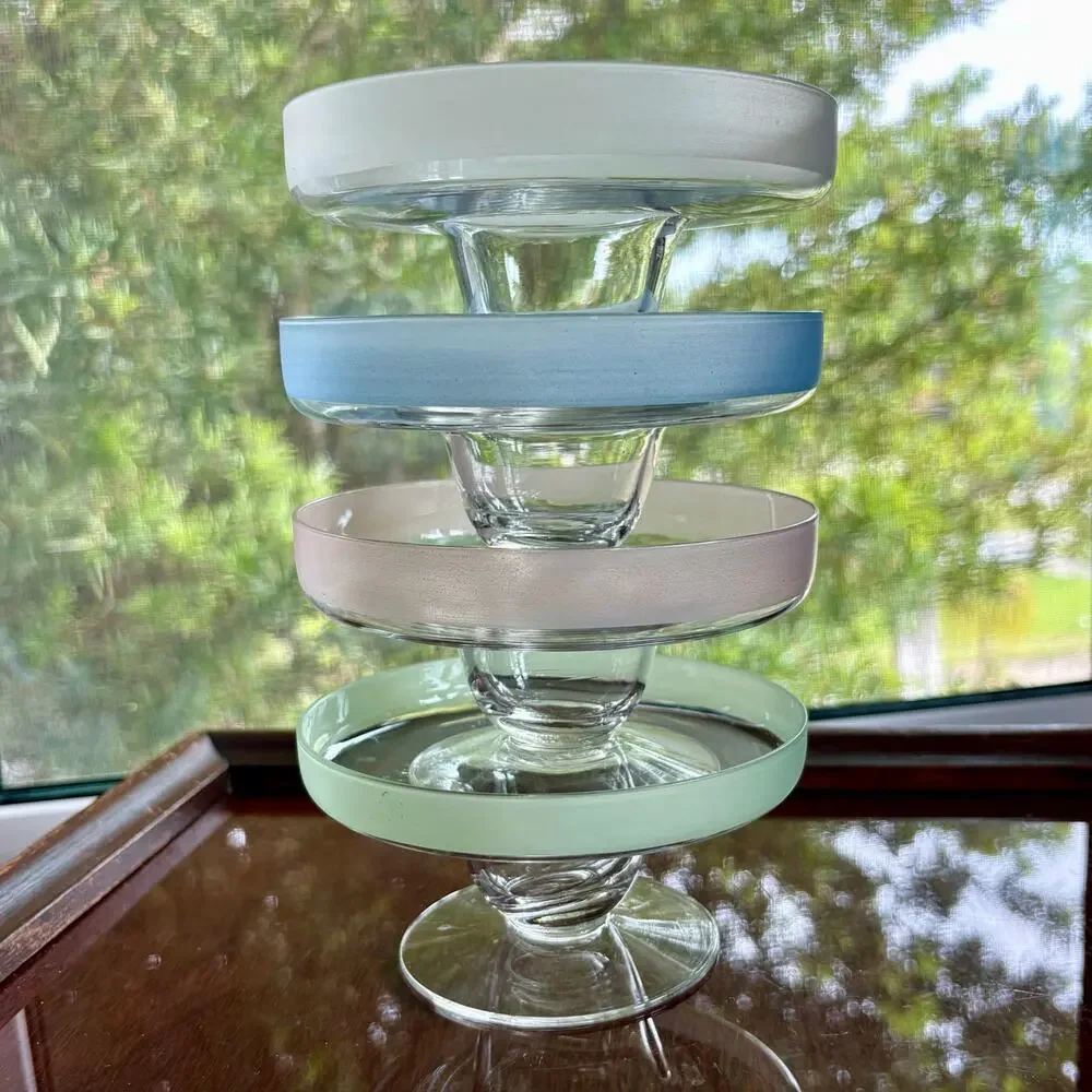 Set of 4 Vintage Pastel Frosted Rim Glass Dessert Bowls